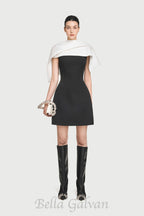 Flowering Girl Women A-line black mini dress with asymmetrical shoulder pleat