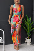 Flowering Girl Women V Neck Sleeveless Tie Back Slit Floral Print Maxi Dress