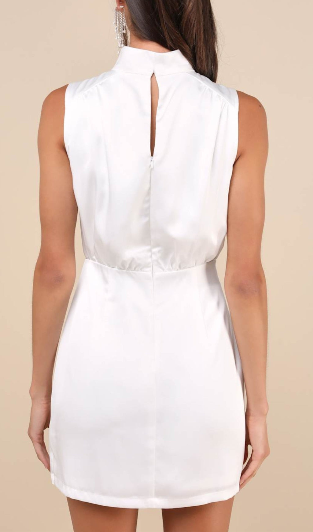 Flowering Girl Women White Satin Sleeveless Mock Neck Mini Dress