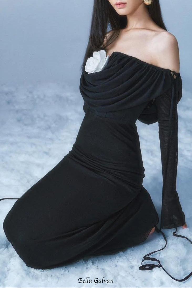 lila flower embellished pleated strapless maxi dress in black