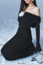 lila flower embellished pleated strapless maxi dress in black