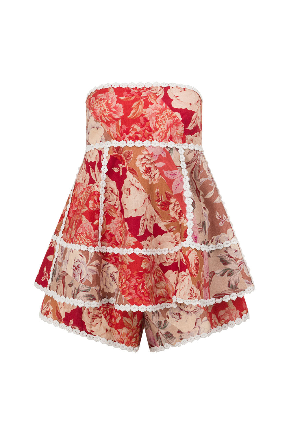 Flowering Girl Women Linen lace-trim print strapless top shorts set - red