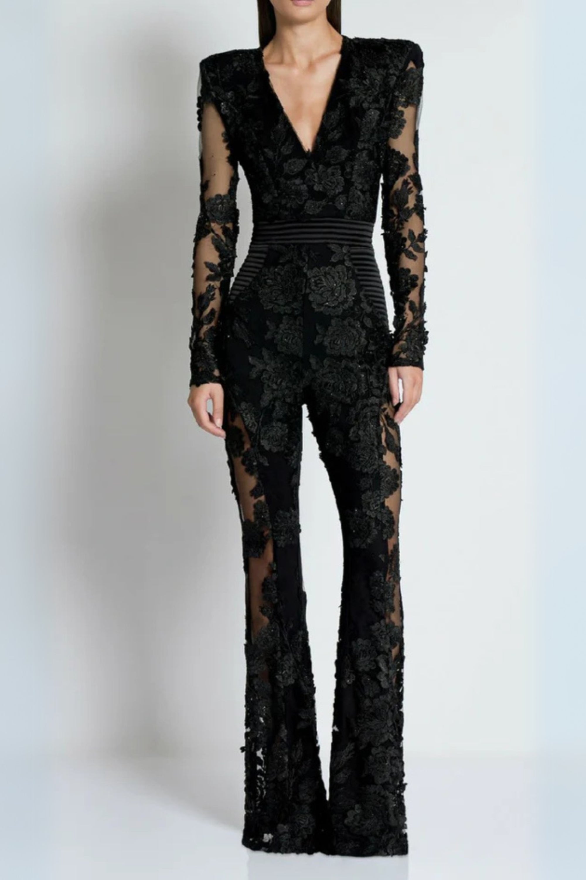 Flowering Girl Women Diamond Three-Dimensional Flower Jumpsuit In Black