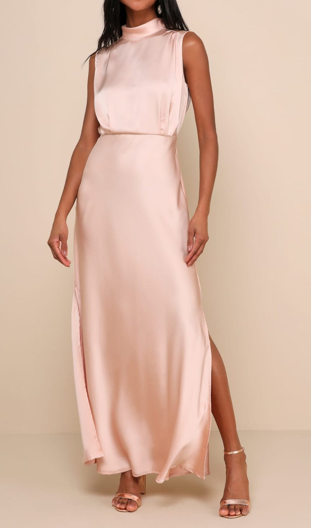 Flowering Girl Women Blush Satin Sleeveless Mock Neck Maxi Dress