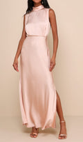 Flowering Girl Women Blush Satin Sleeveless Mock Neck Maxi Dress