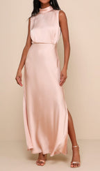 Flowering Girl Women Blush Satin Sleeveless Mock Neck Maxi Dress