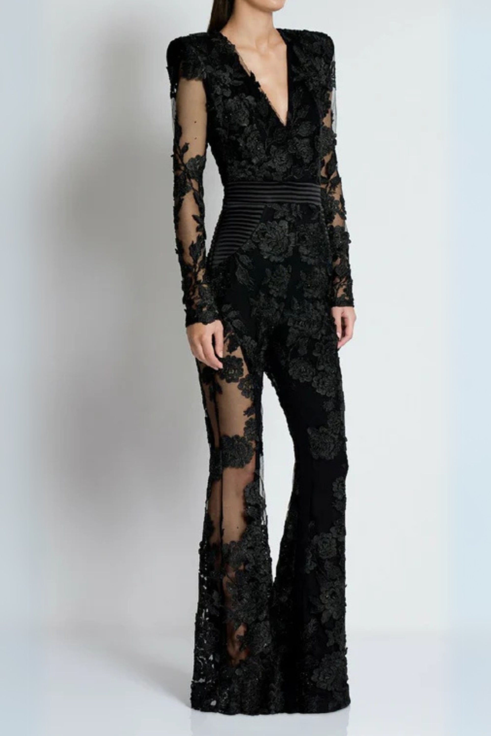 Flowering Girl Women Diamond Three-Dimensional Flower Jumpsuit In Black