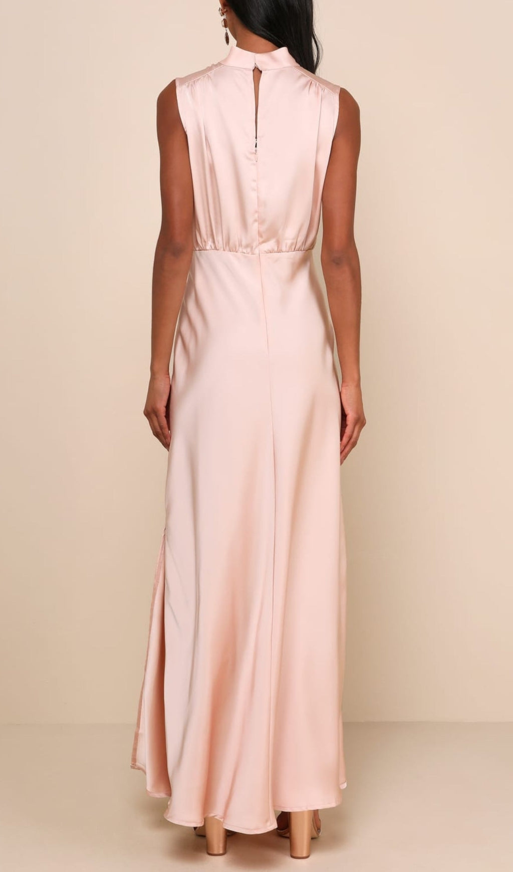 Flowering Girl Women Blush Satin Sleeveless Mock Neck Maxi Dress