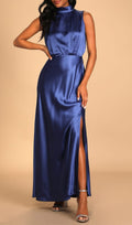 Flowering Girl Women Blue Satin Sleeveless Mock Neck Maxi Dress