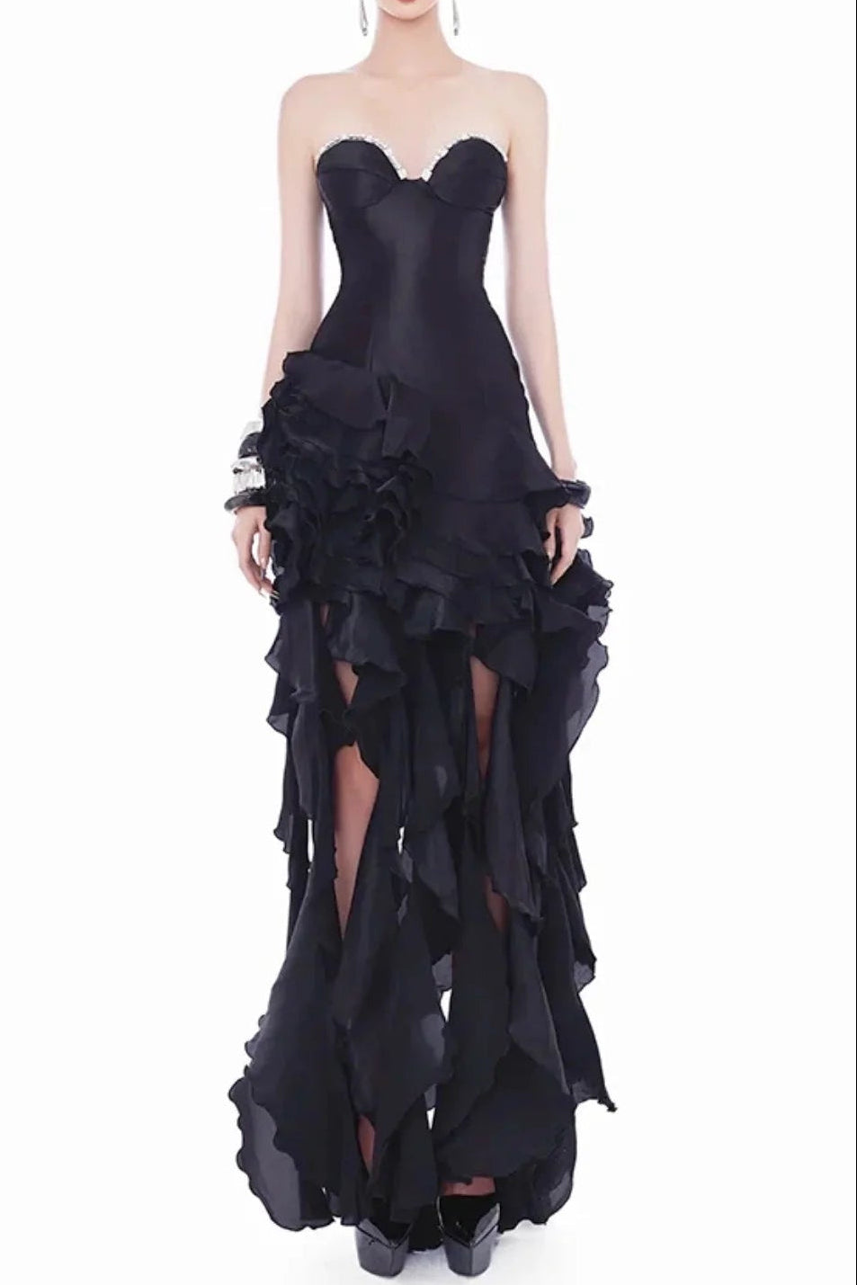 Sabrina Ruffle Crystal Strapless Midi Dress In Black