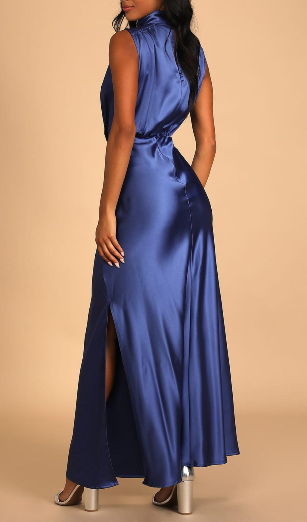 Flowering Girl Women Blue Satin Sleeveless Mock Neck Maxi Dress