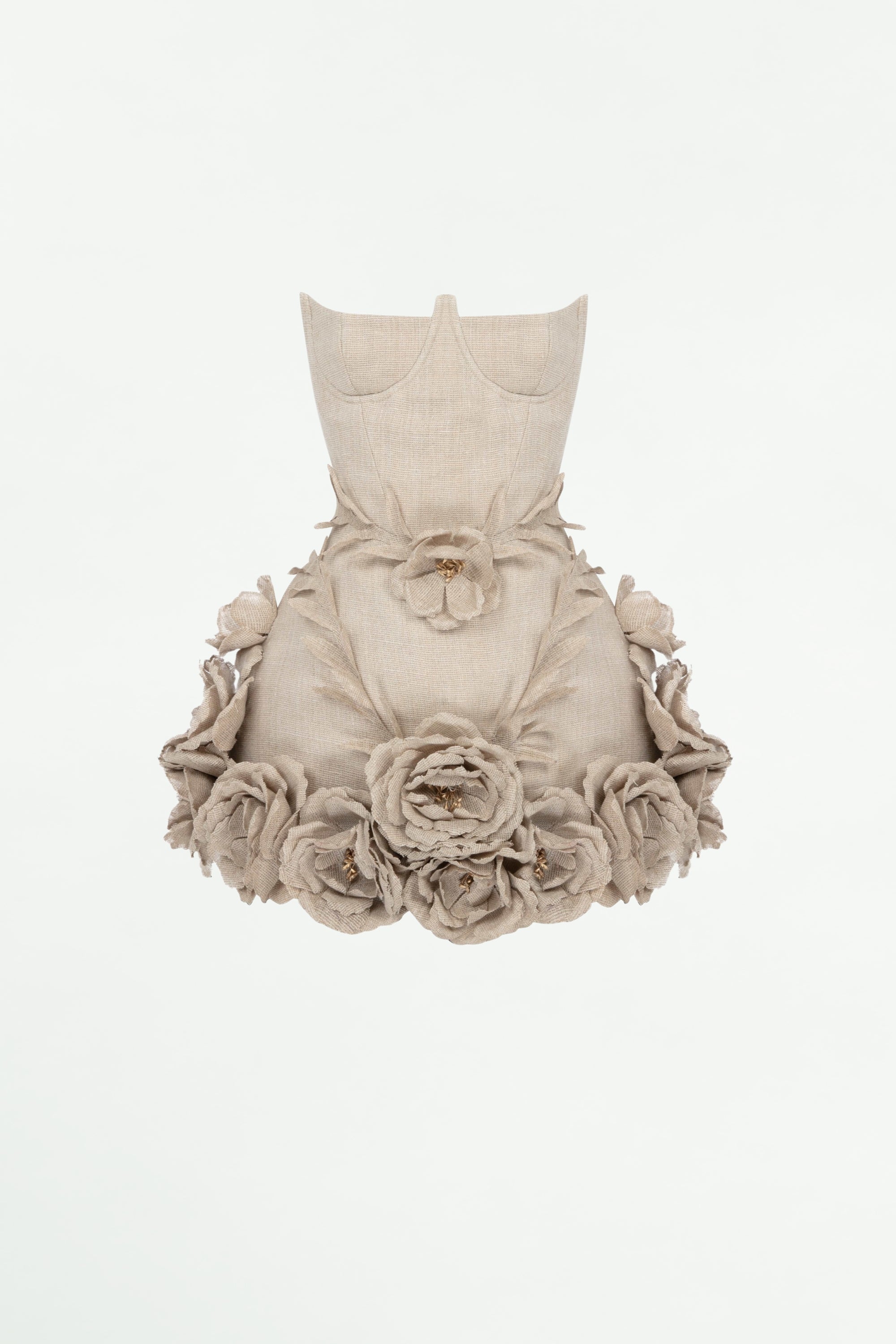 Flowering Girl Women Salome Beige Linen Corset Flower Details Mini Dress