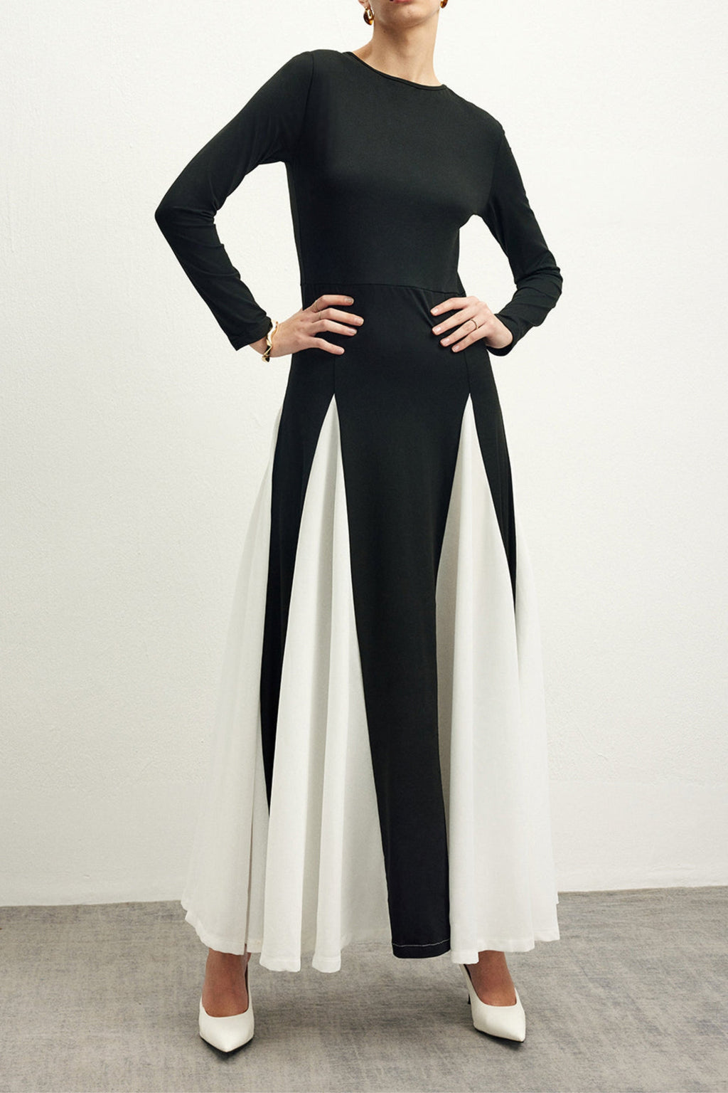 Flowering Girl Women Contrast Color Long Sleeve Midi Dress