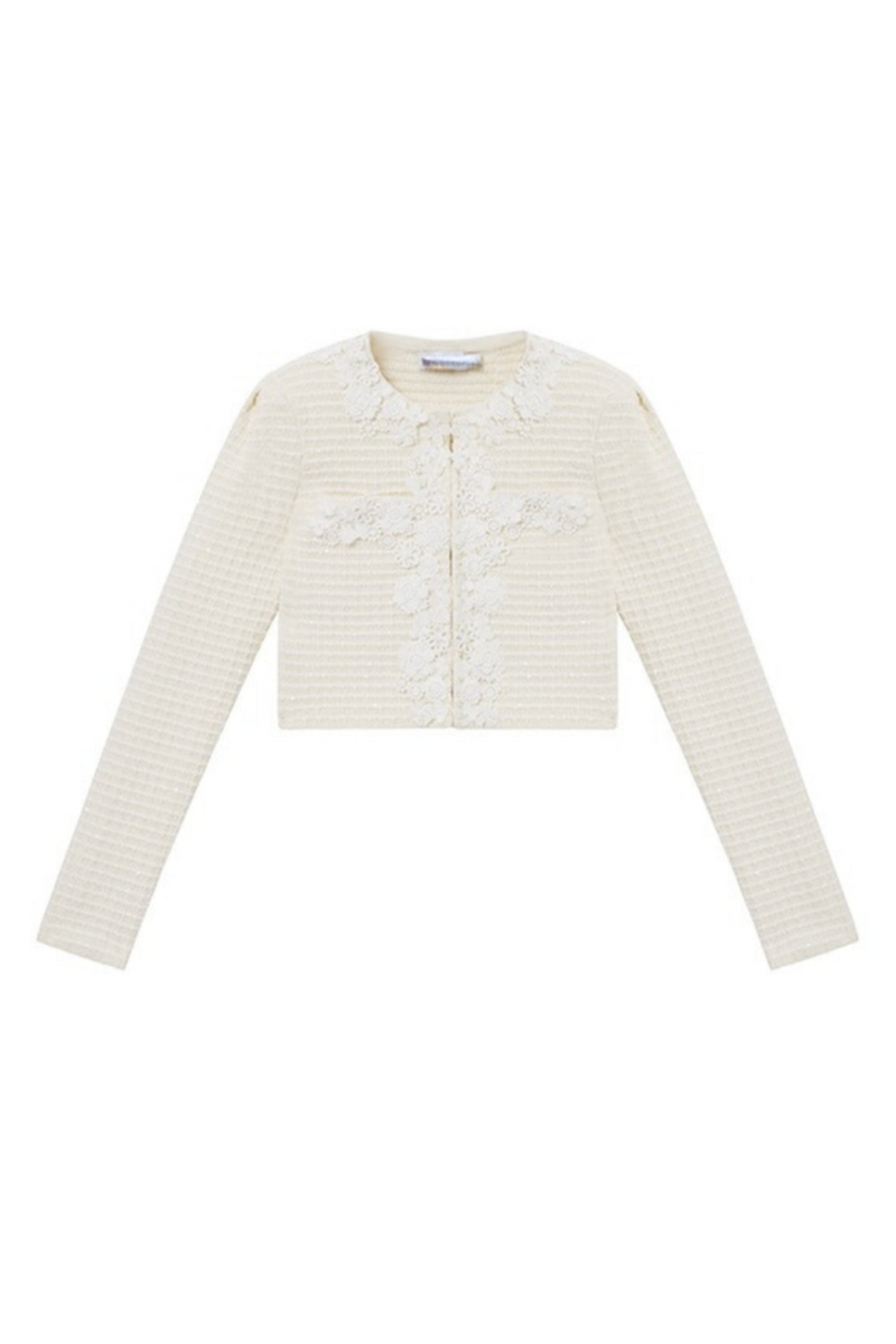 Flowering Girl Women Cream Knit Floral Trim Cardigan