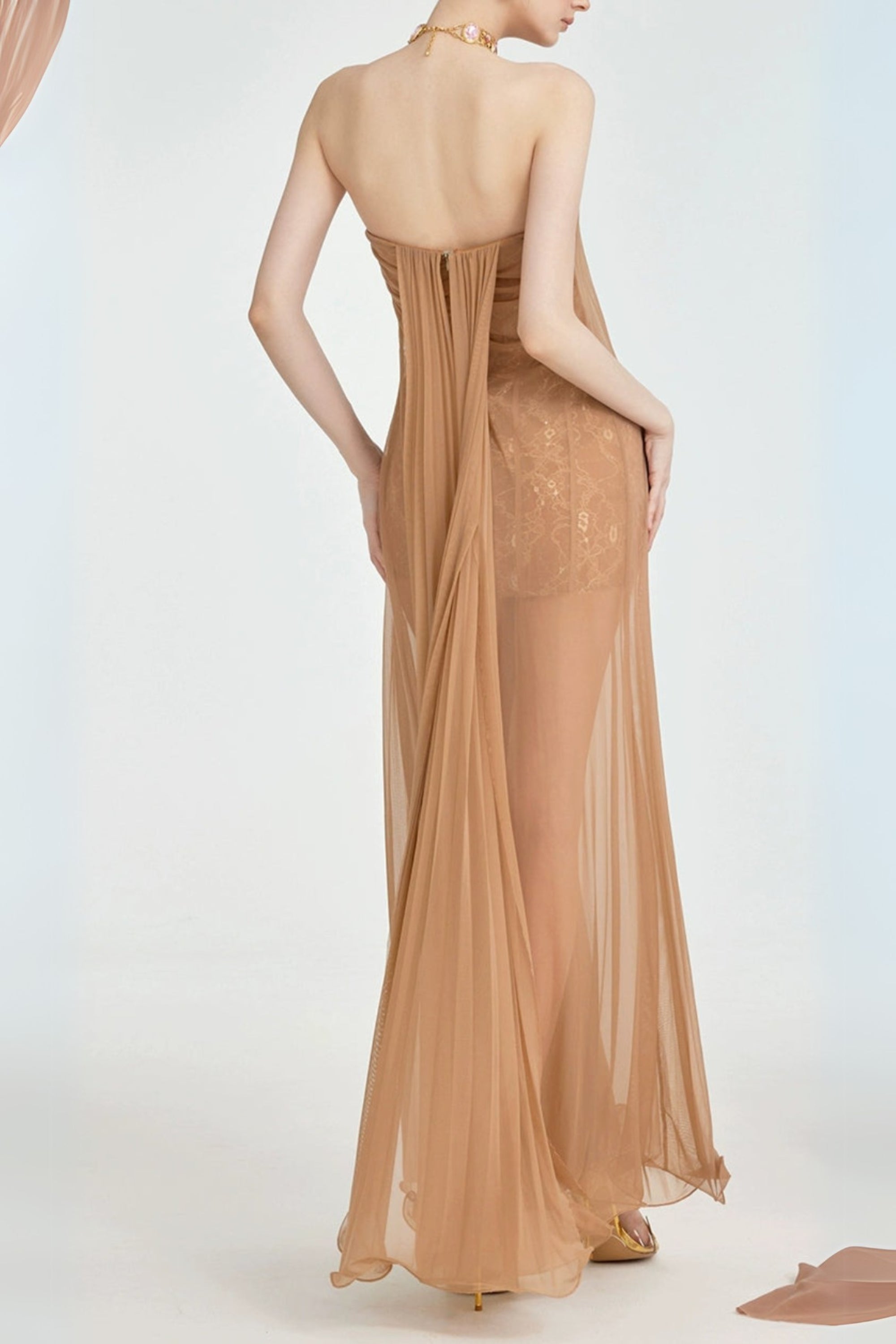 Flowering Girl Women Thea Strapless Mesh Backless Maxi Dress In Brown