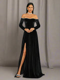 Off Shoulder Split Black Velvet Evening Dress