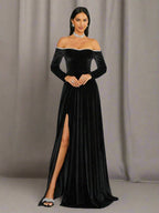 Off Shoulder Split Black Velvet Evening Dress