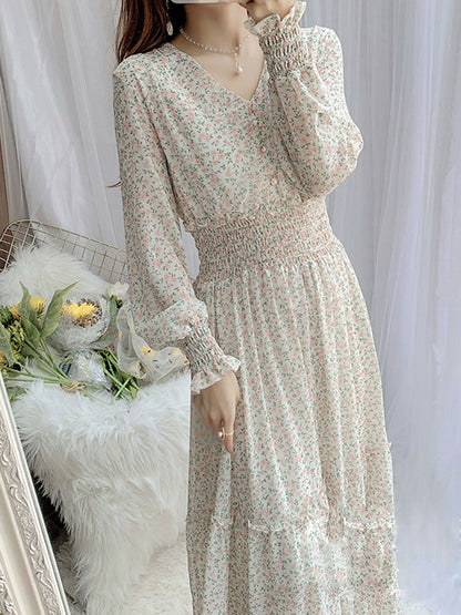 janet Classic Floral Ruffle Chiffon Dress-Yellow