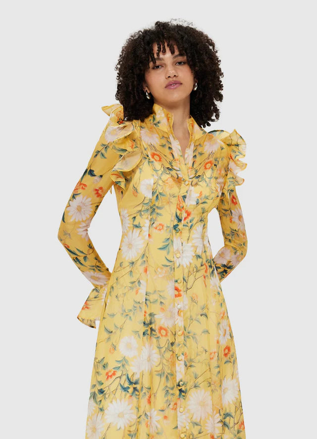Flowering Girl Women Daisy Print Butterfly Sleeve Midi Dress in yellow