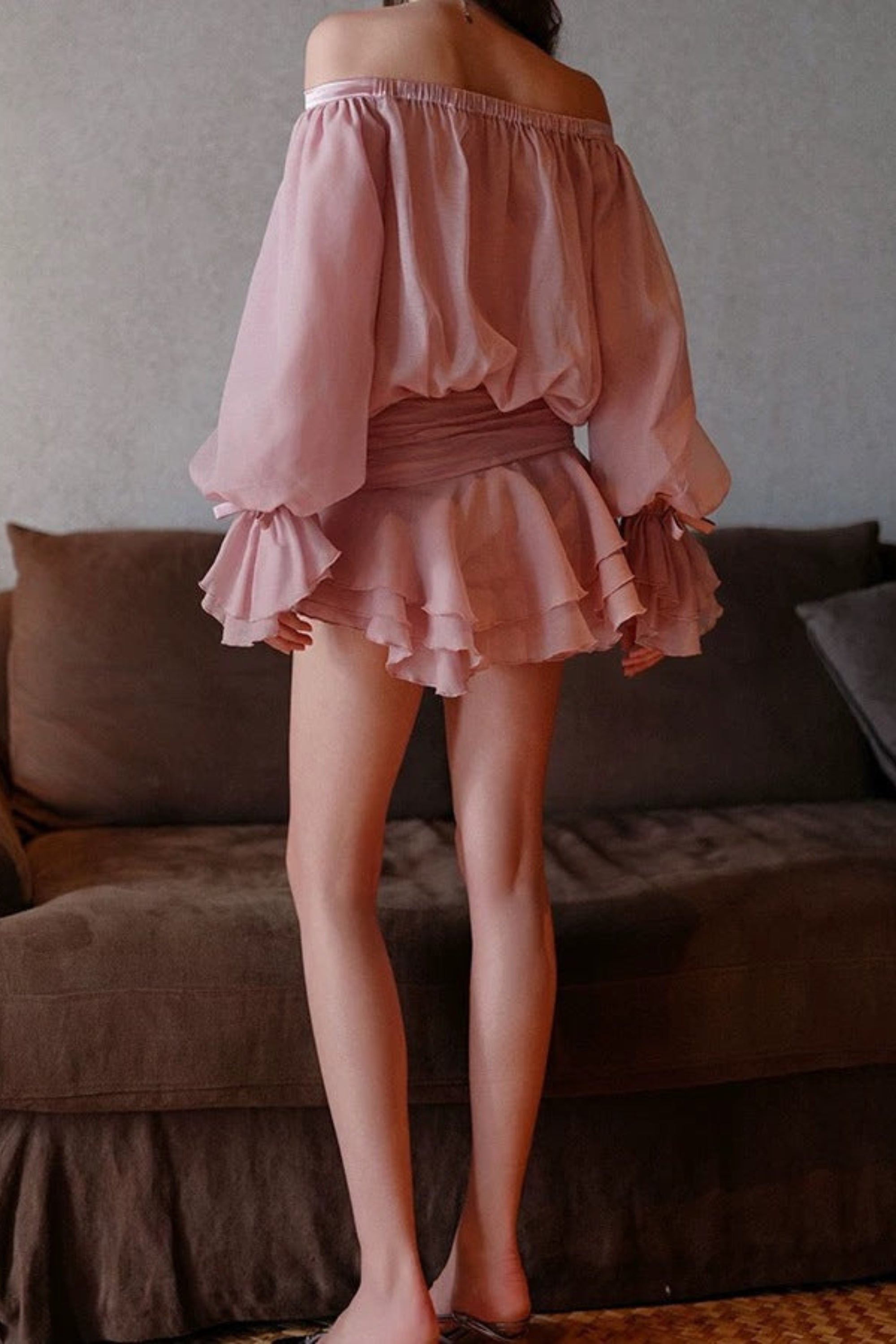 Flowering Girl Women Puff Sleeve Strapless Mini Dress In Misty Pink