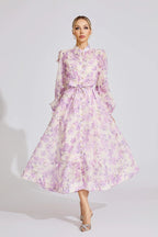 Simona Floral Print Lantern Sleeve Maxi Dress In Purple
