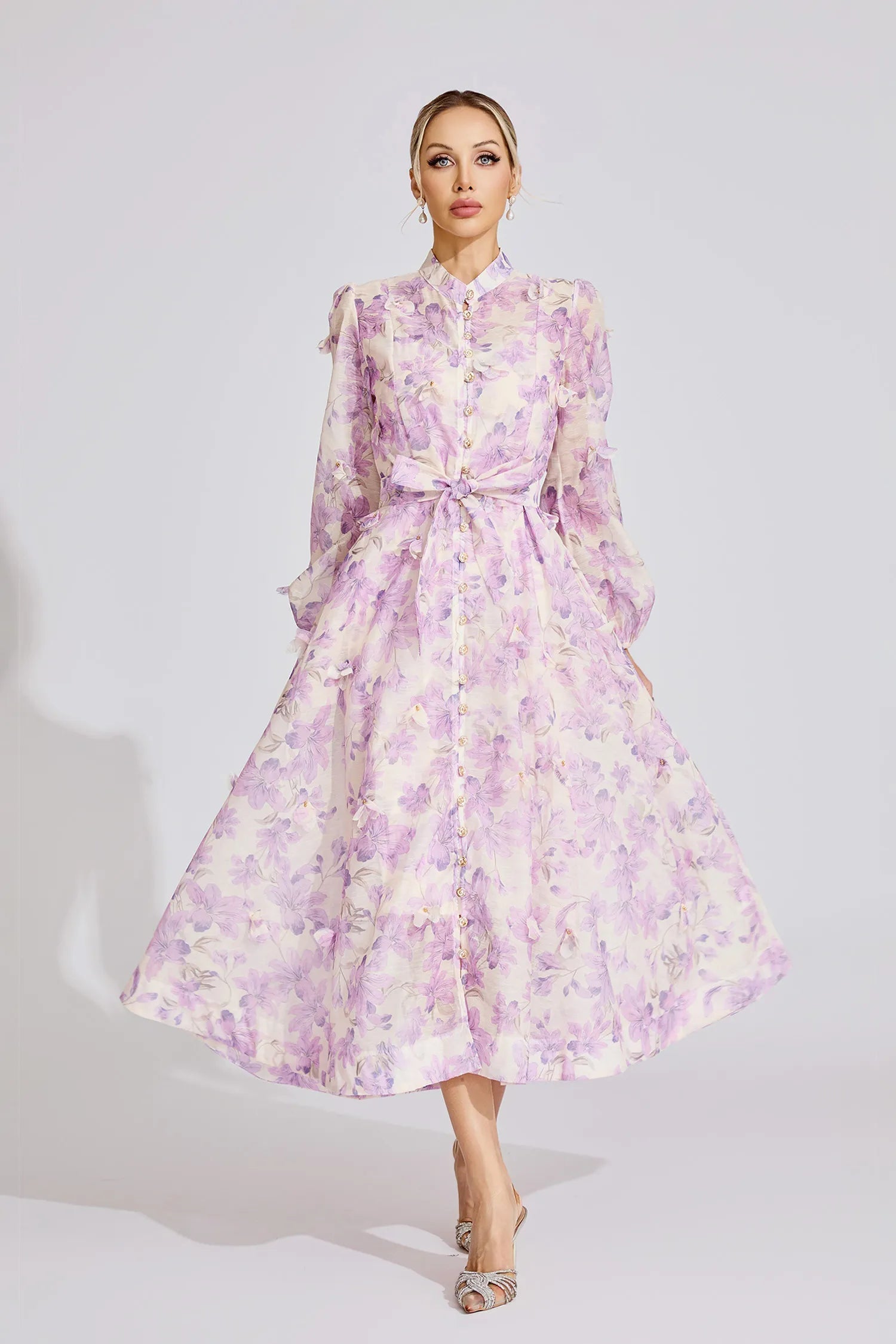 Simona Floral Print Lantern Sleeve Maxi Dress In Purple