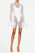 Flowering Girl Women Feather Embellished Mesh Mini Dress
