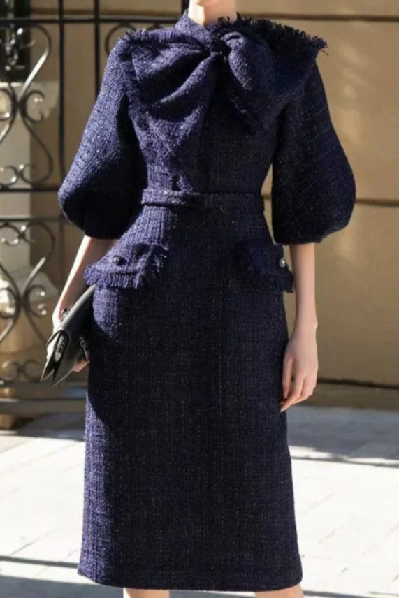 Mildred Tweed Bow Collar Midi Dress In Dark Blue