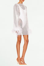 Flowering Girl Women Feather Embellished Mesh Mini Dress