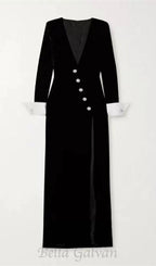 Flowering Girl Women CROWN BLACK LONG SLEEVE V-NECK MAXI DRESS