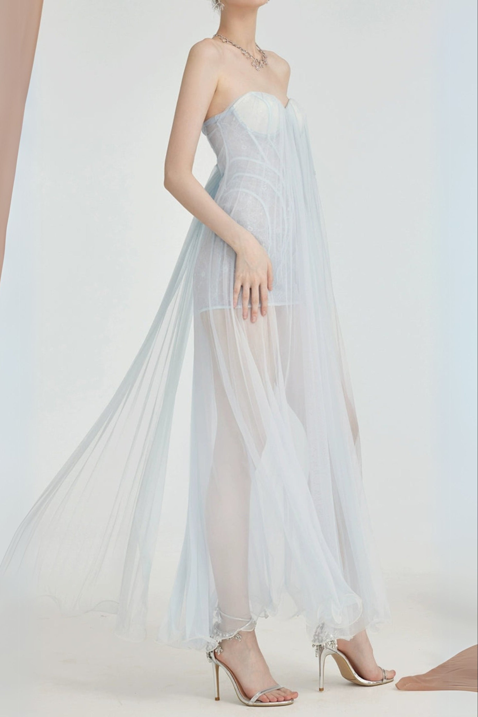 Flowering Girl Women Thea Strapless Mesh Backless Maxi Dress In Light Blue