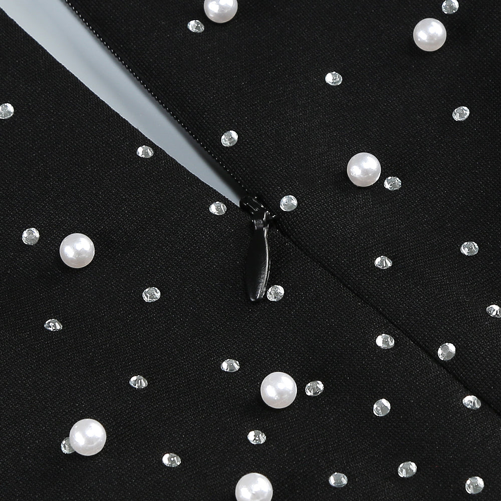 pearl embellished v-neck maxi dress in black