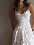 Corset-Style Lace Trim Tiered Midi Dress