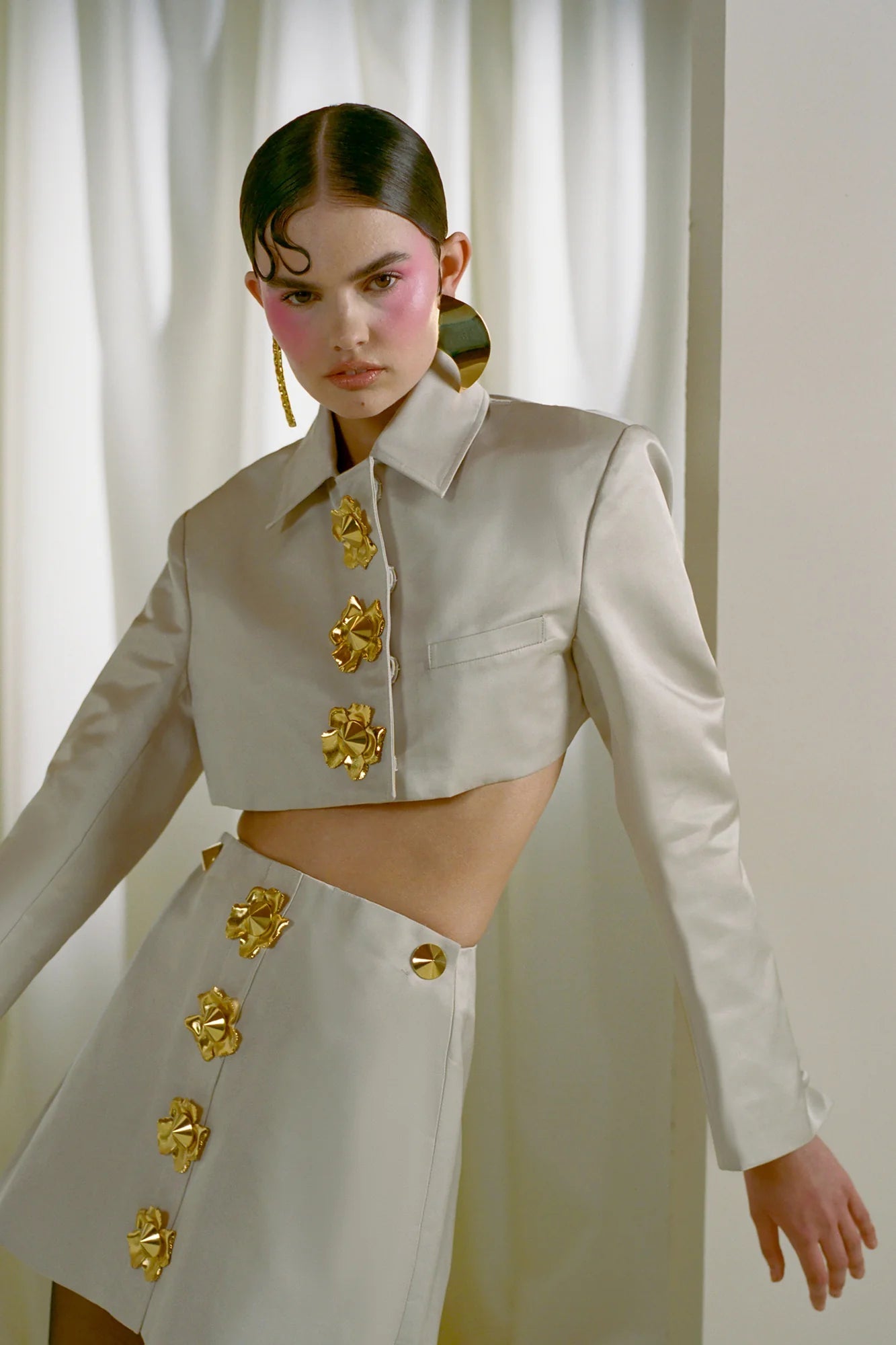 Odelette Metal Buttoned Blazer Skirt Set In Beige