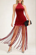 Michaelia Halterneck Fringe Velvet Dress In Burgundy