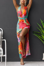 Flowering Girl Women V Neck Sleeveless Tie Back Slit Floral Print Maxi Dress
