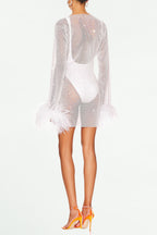 Flowering Girl Women Feather Embellished Mesh Mini Dress