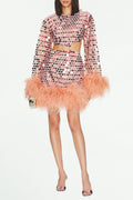 Flowering Girl Women Sequinned Feather-Trim Mini Dress
