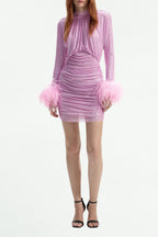 Flowering Girl Women Pink Rhinestone Feather Mini Dress
