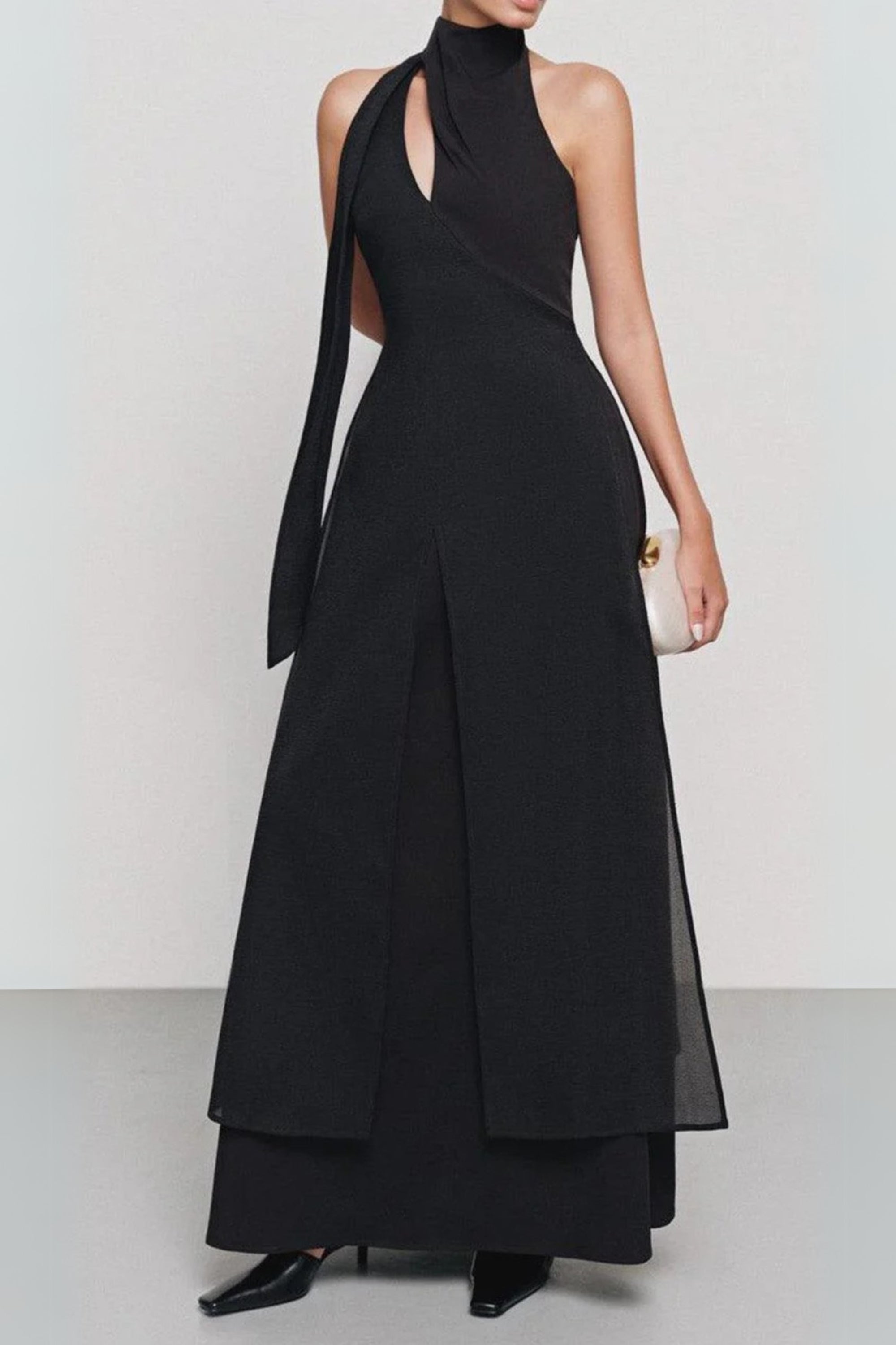 Flowering Girl Women Yen Layered High Neck Floss Silk Maxi Dress In Black