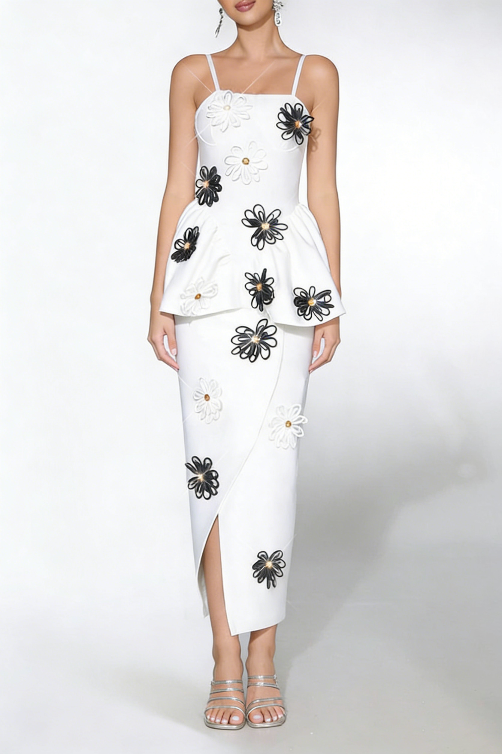 White Bodycon Midi Dress Bandage Elastic Sling With Handmade Flower