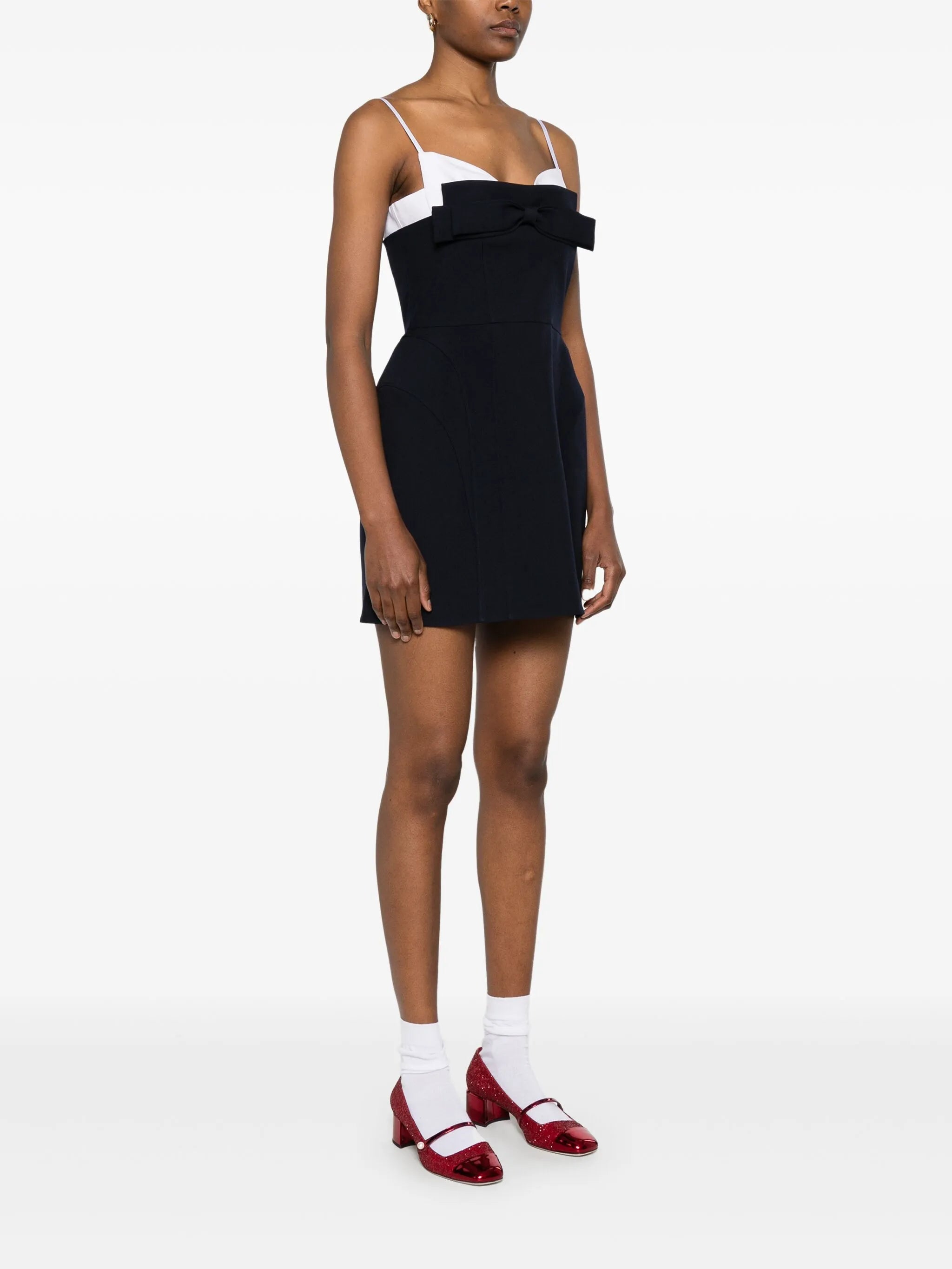 Flowering Girl Women Double Bow Sling mini Dress in navy blue