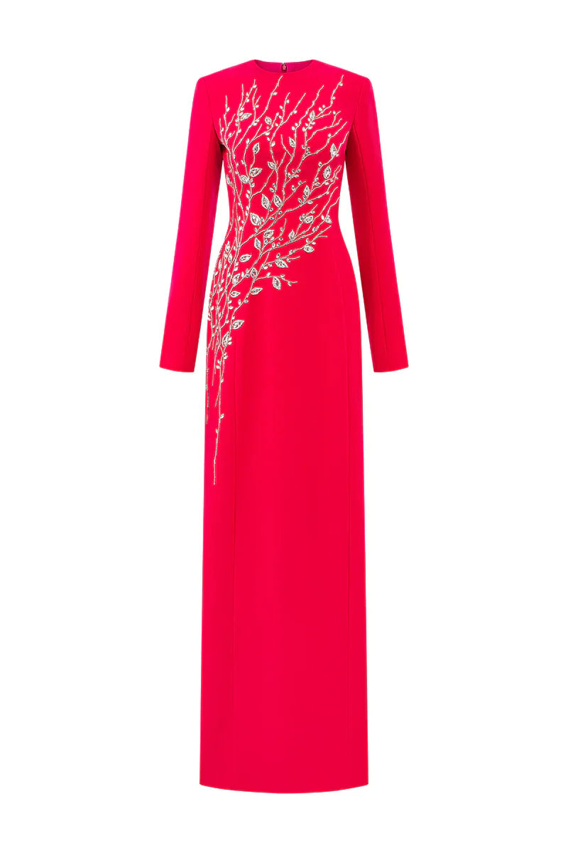 Hilary Red Padded Shoulder Crystal Embellished Straight Maxi Dress