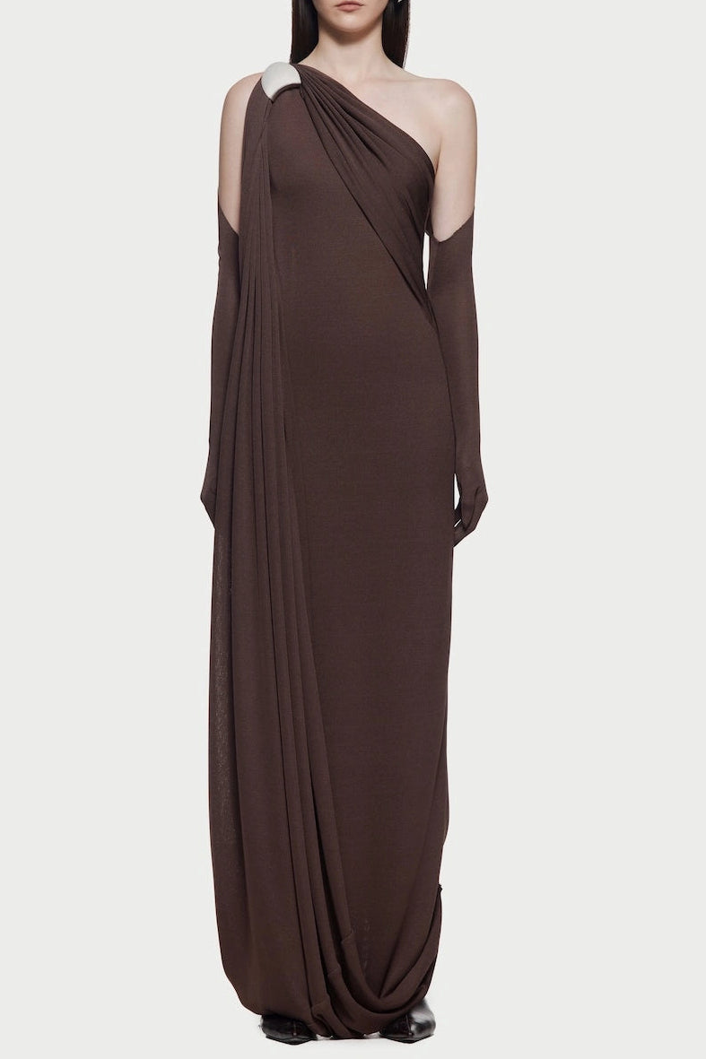 Flowering Girl Women Xaviera One-Shoulder Pleated Backless Maxi Dress In Brown