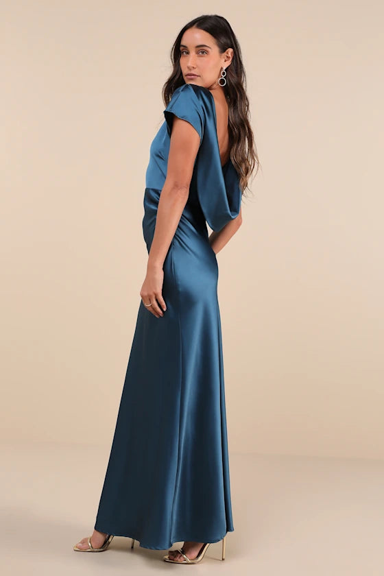 Flowering Girl Women satin cowl back maxi dress in dark teal