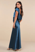 Flowering Girl Women satin cowl back maxi dress in dark teal