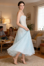 Blue Draped Lace Midi Dress