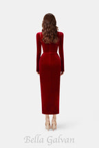 Flowering Girl Women Bordeaux Velvet Draped midi Dress