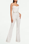 Flowering Girl Women Jacquard Diamante Strap Flared Jumpsuit With Belt