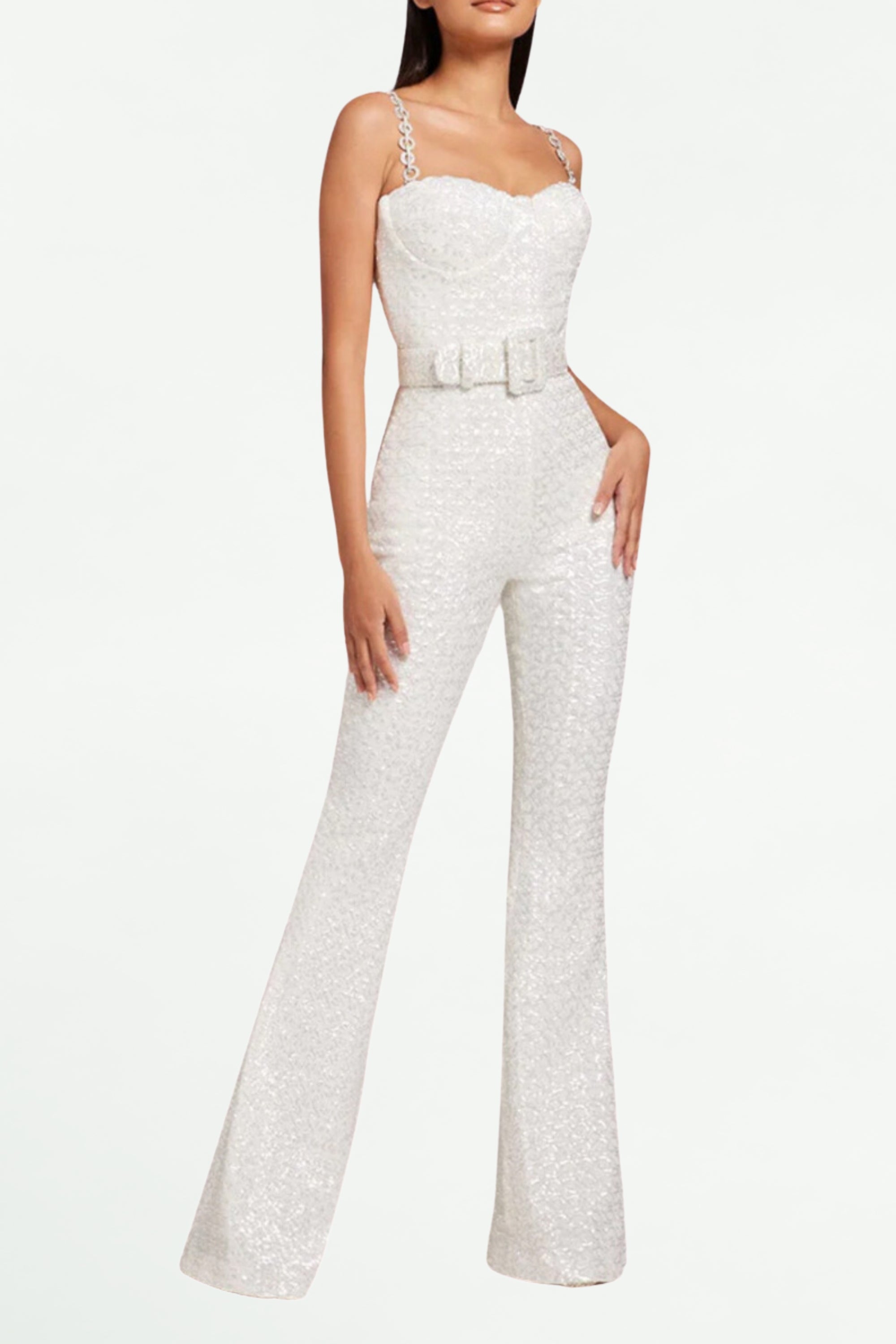 Flowering Girl Women Jacquard Diamante Strap Flared Jumpsuit With Belt